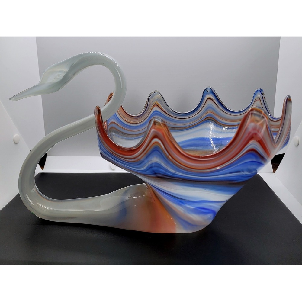 Vintage Art Glass Swan Bowl Blue White Brown Swirl Hand Blown Centerpiece Dish